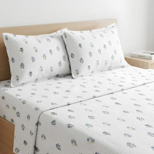 Blue Floral Cotton Bedsheet Set with Matching Pillow Covers