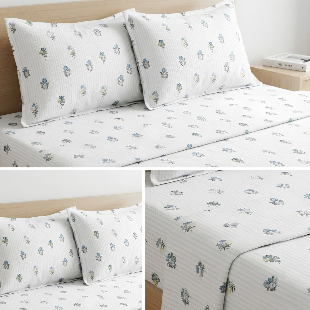 Blue Floral Cotton Bedsheet Set with Matching Pillow Covers