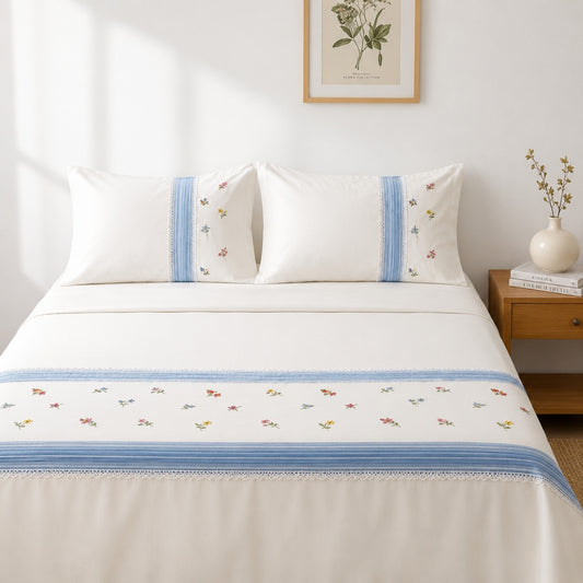 Elegant White Bedsheet Set with Blue Striped Borders & Delicate Floral Embroidery