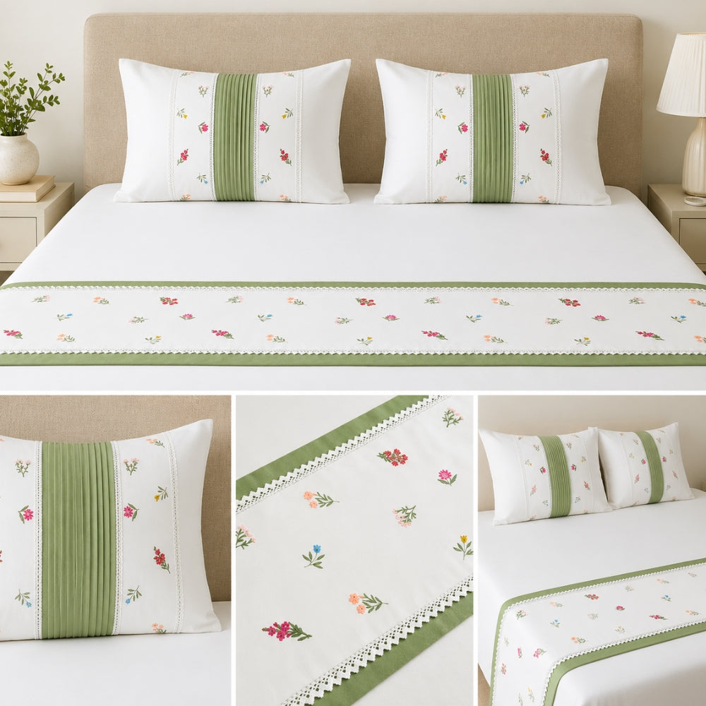 Elegant White Bedsheet Set with Sage Green Border & Floral Print