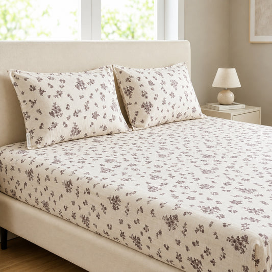 Classic Ivory Floral Print Bedsheet Set with Matching Pillow Covers