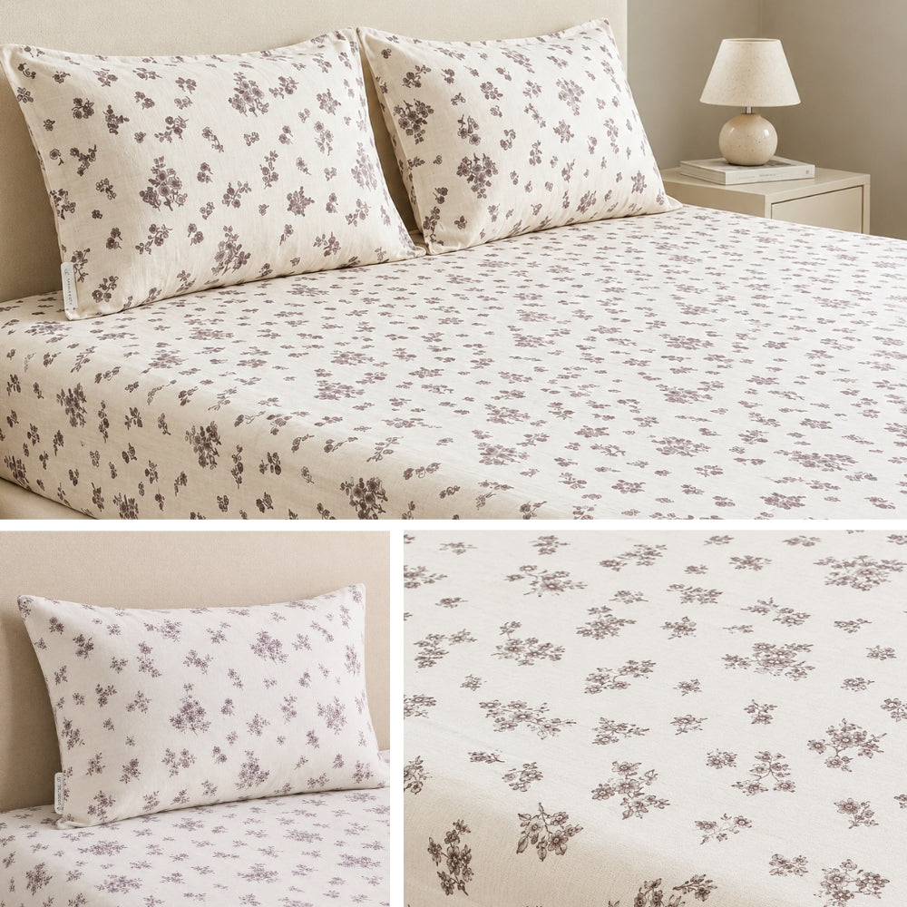 Classic Ivory Floral Print Bedsheet Set with Matching Pillow Covers