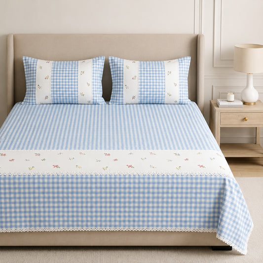 Blue Gingham Check Bedcover Set with Delicate Floral Accents