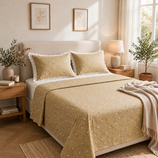 Mustard Bloom Floral Bedding Set with Lace Trim