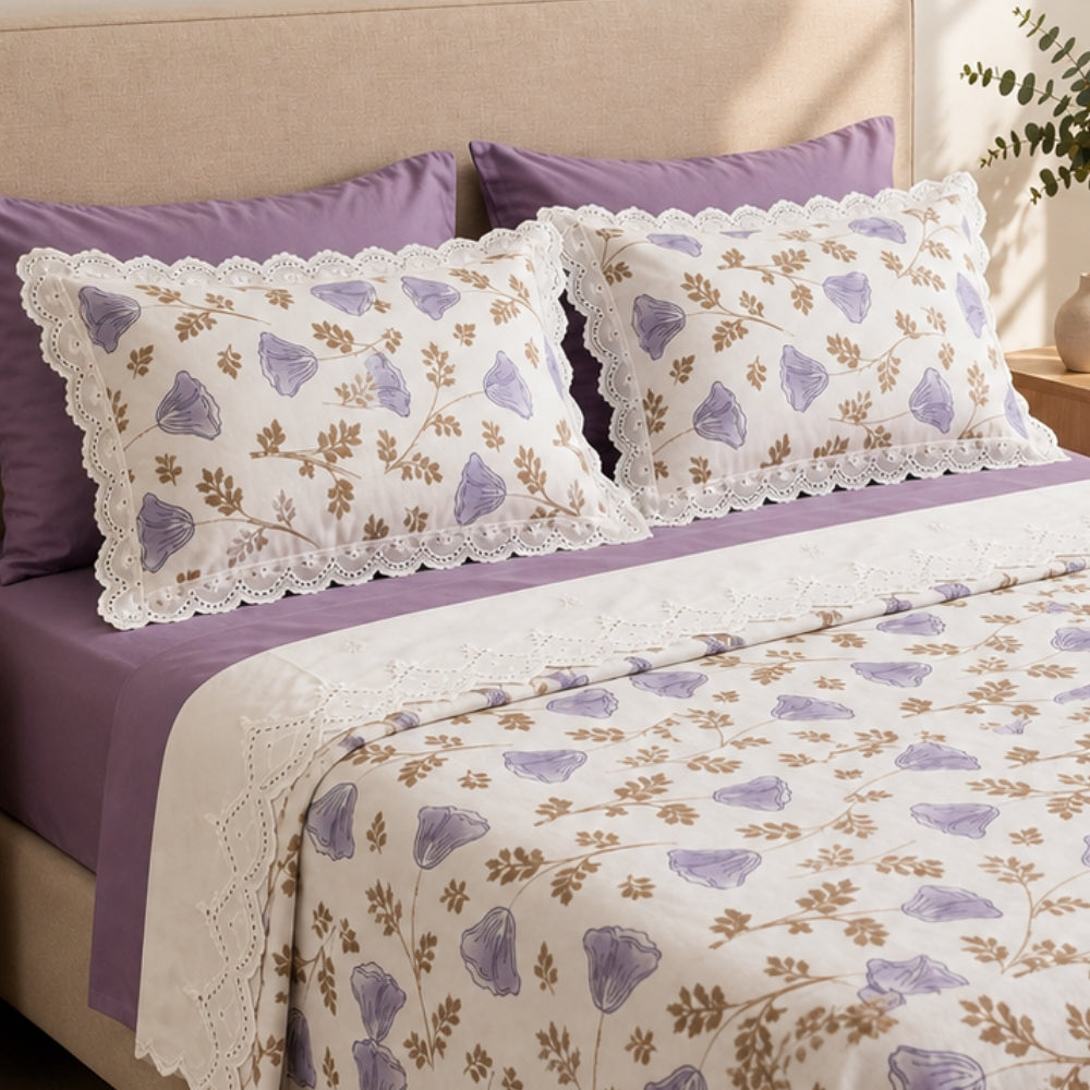 Lavender Bloom Floral King Size Bedsheet Set with Lace Detail