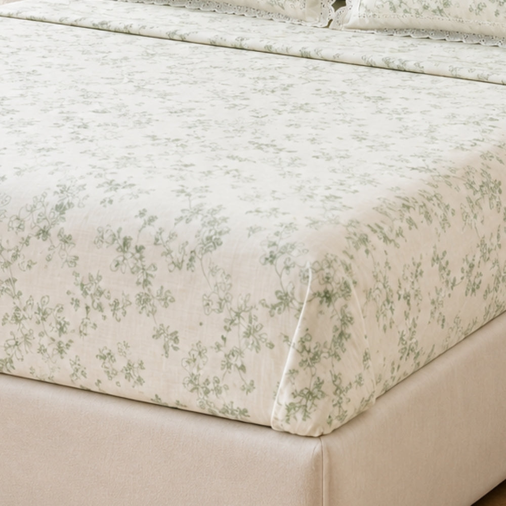 Sage Green Botanical Floral King Size Bedsheet Set with Lace Detail