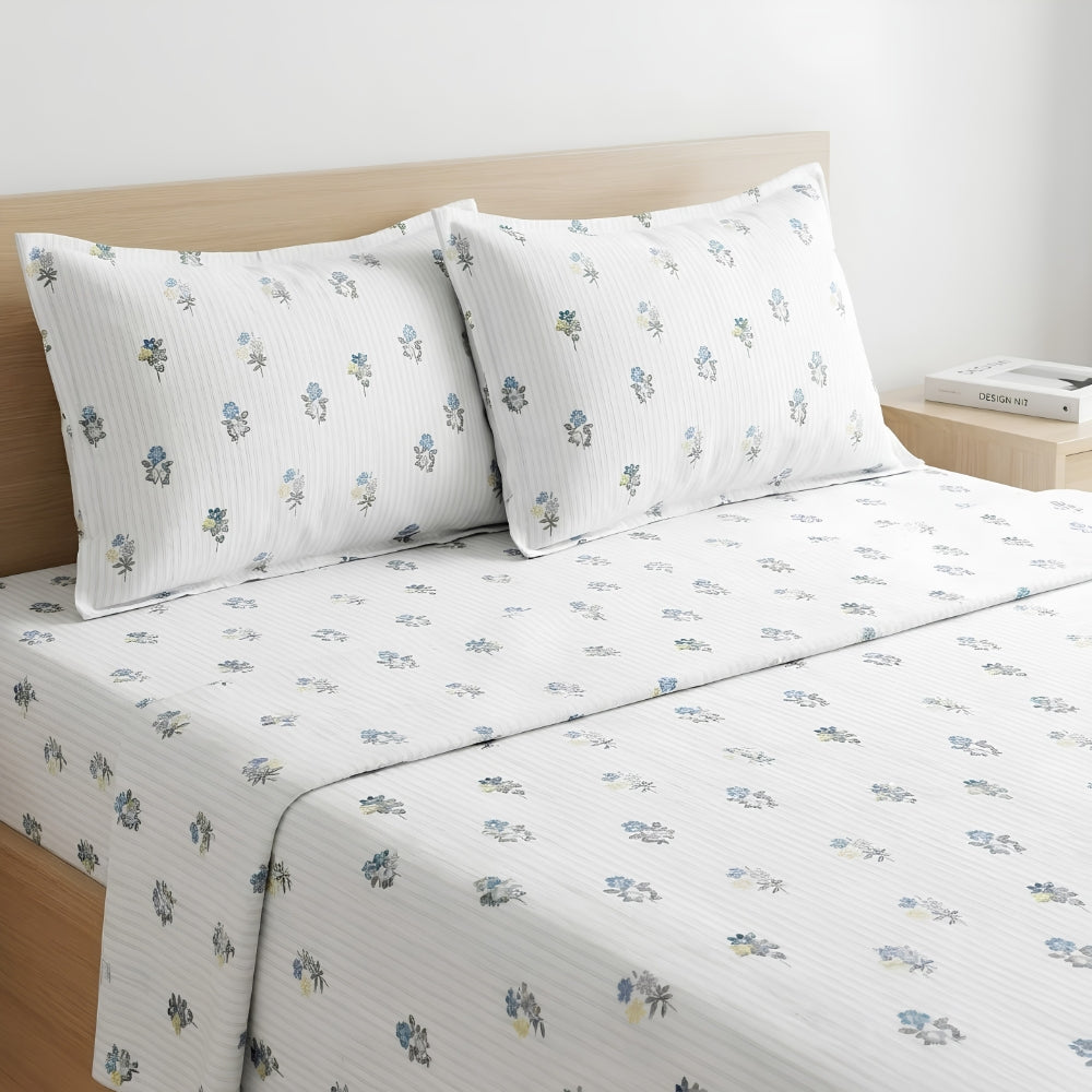 Blue Floral Cotton Bedsheet Set with Matching Pillow Covers