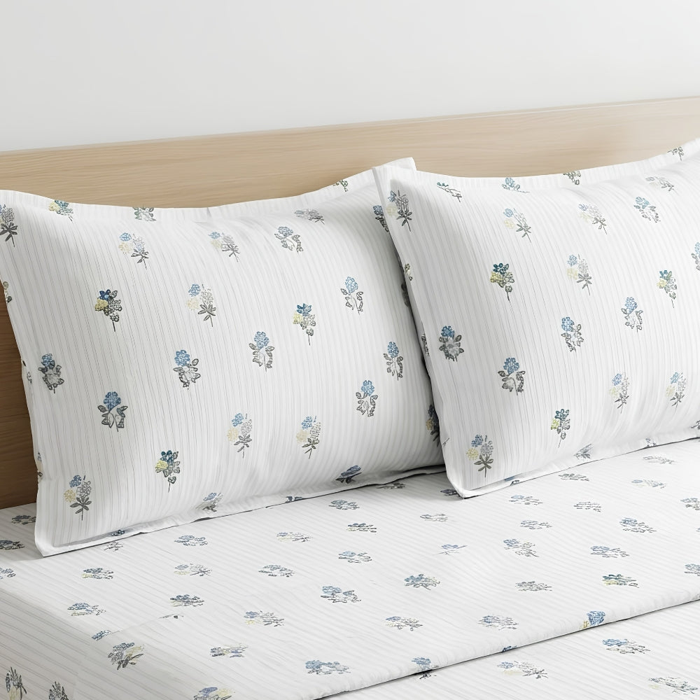 Blue Floral Cotton Bedsheet Set with Matching Pillow Covers