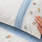 Elegant White Bedsheet Set with Blue Striped Borders & Delicate Floral Embroidery