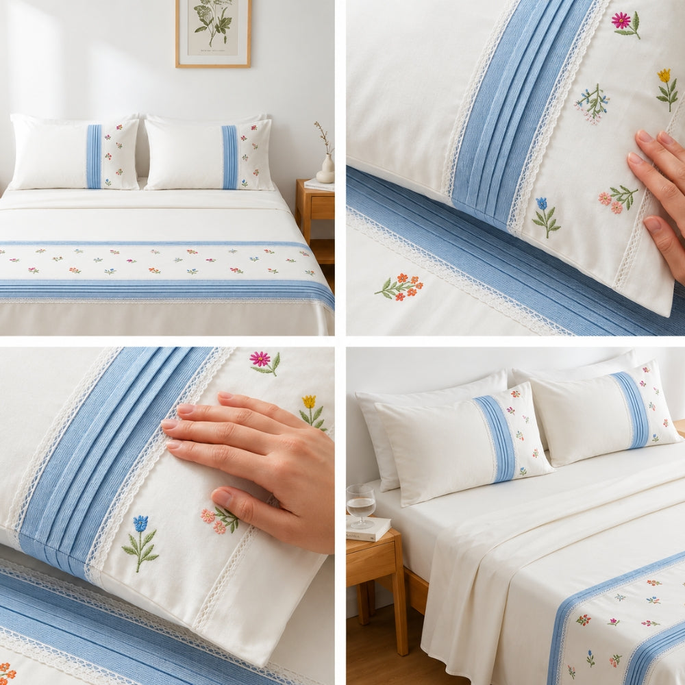 Elegant White Bedsheet Set with Blue Striped Borders & Delicate Floral Embroidery