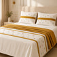 Elegant White Bedsheet Set with Mustard Border & Delicate Floral Embroidery