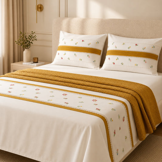 Elegant White Bedsheet Set with Mustard Border & Delicate Floral Embroidery