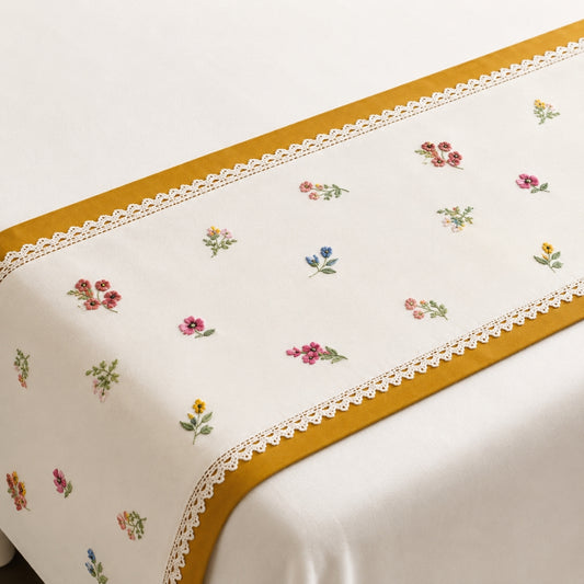 Elegant White Bedsheet Set with Mustard Border & Delicate Floral Embroidery