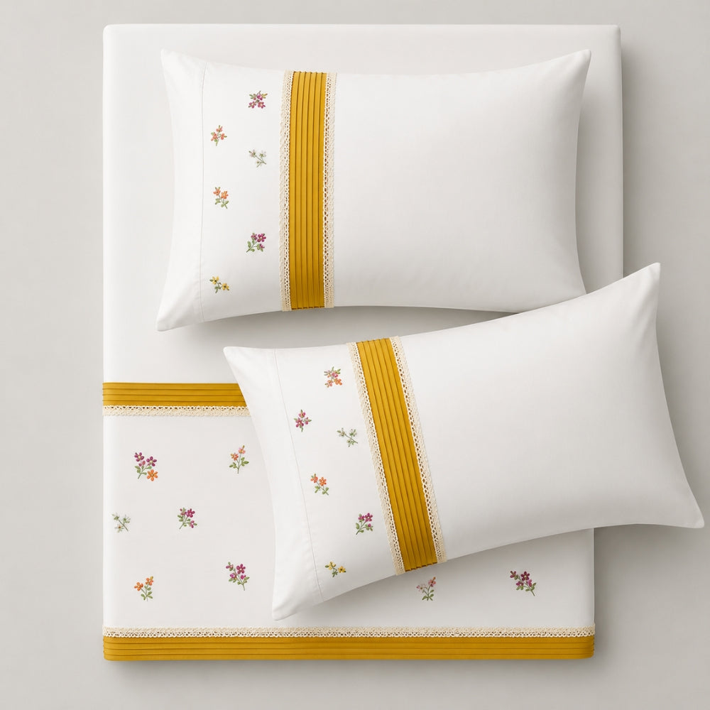 Elegant White Bedsheet Set with Mustard Border & Delicate Floral Embroidery