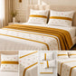 Elegant White Bedsheet Set with Mustard Border & Delicate Floral Embroidery