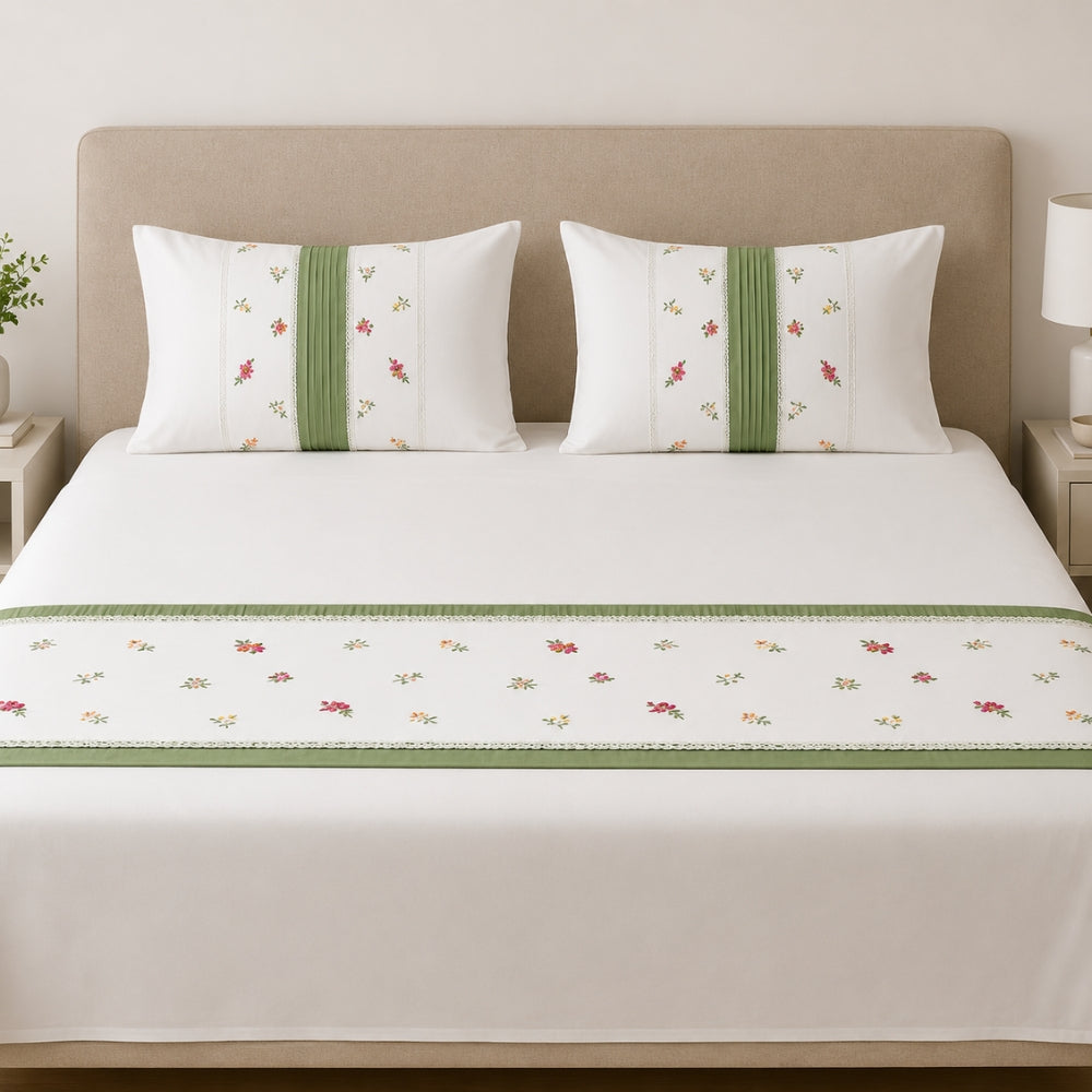 Elegant White Bedsheet Set with Sage Green Border & Floral Print