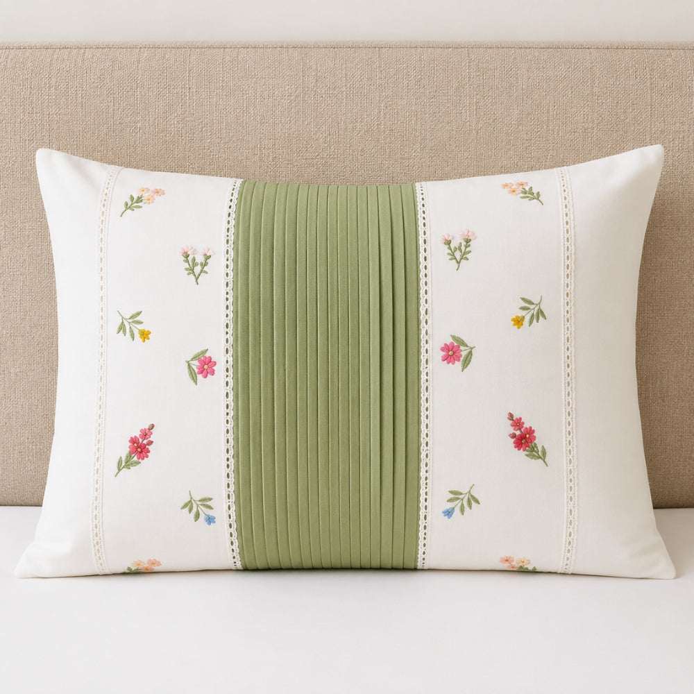 Elegant White Bedsheet Set with Sage Green Border & Floral Print