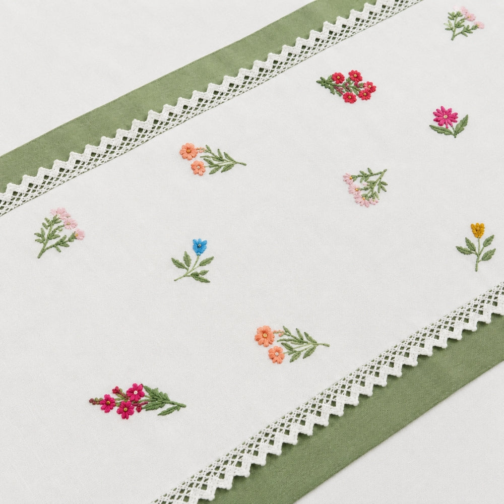 Elegant White Bedsheet Set with Sage Green Border & Floral Print