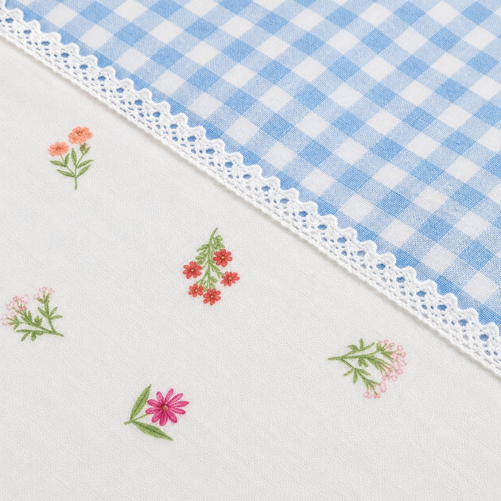 Blue Gingham Check Bedcover Set with Delicate Floral Accents