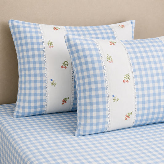 Blue Gingham Check Bedcover Set with Delicate Floral Accents