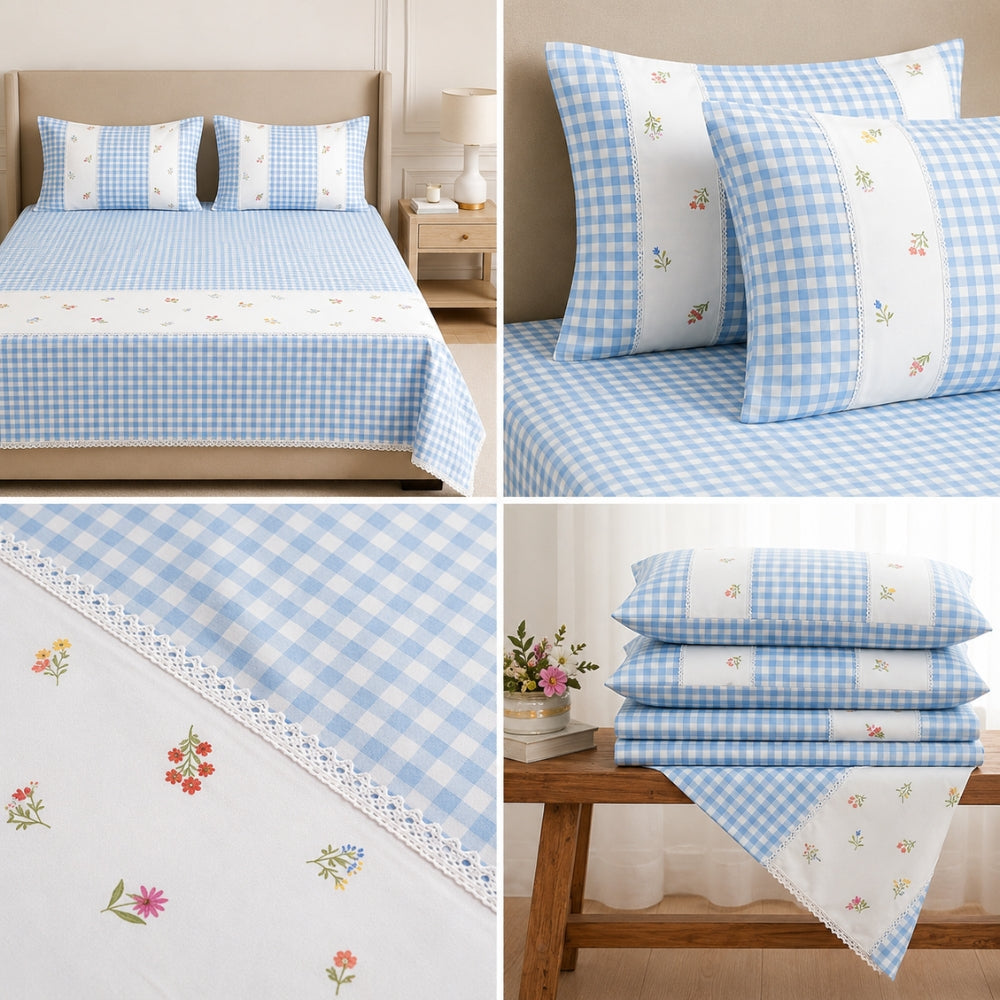 Blue Gingham Check Bedcover Set with Delicate Floral Accents