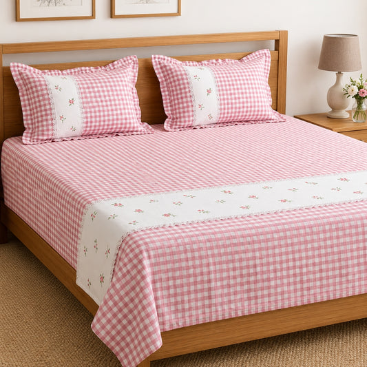 Pink Gingham Check Bedcover Set with Delicate Floral Accents