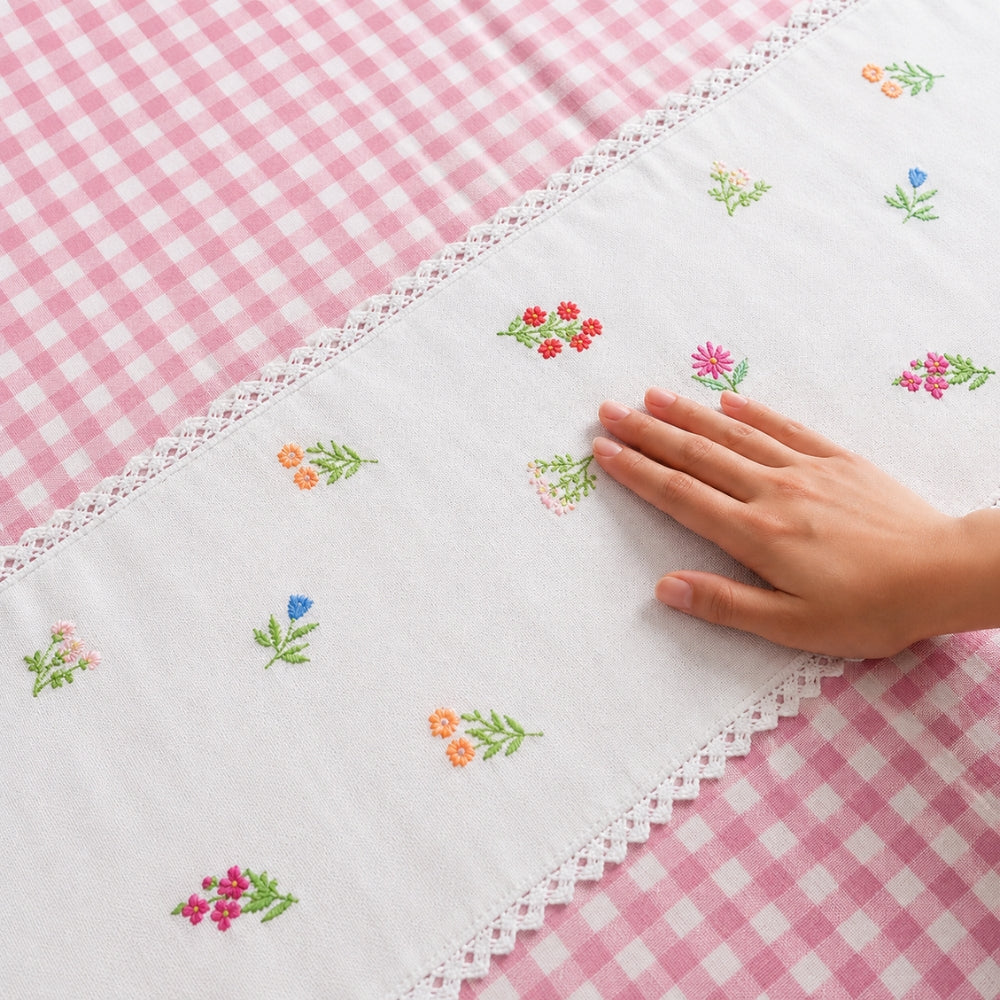Pink Gingham Check Bedcover Set with Delicate Floral Accents