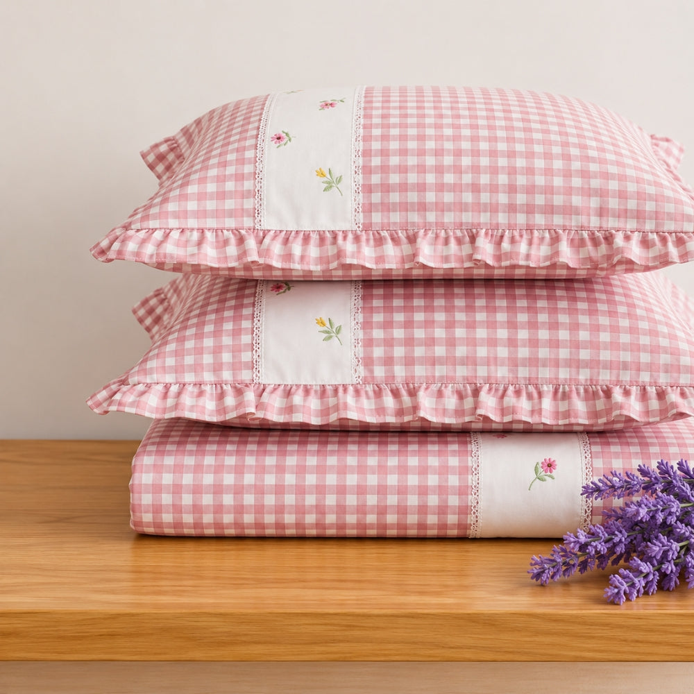 Pink Gingham Check Bedcover Set with Delicate Floral Accents