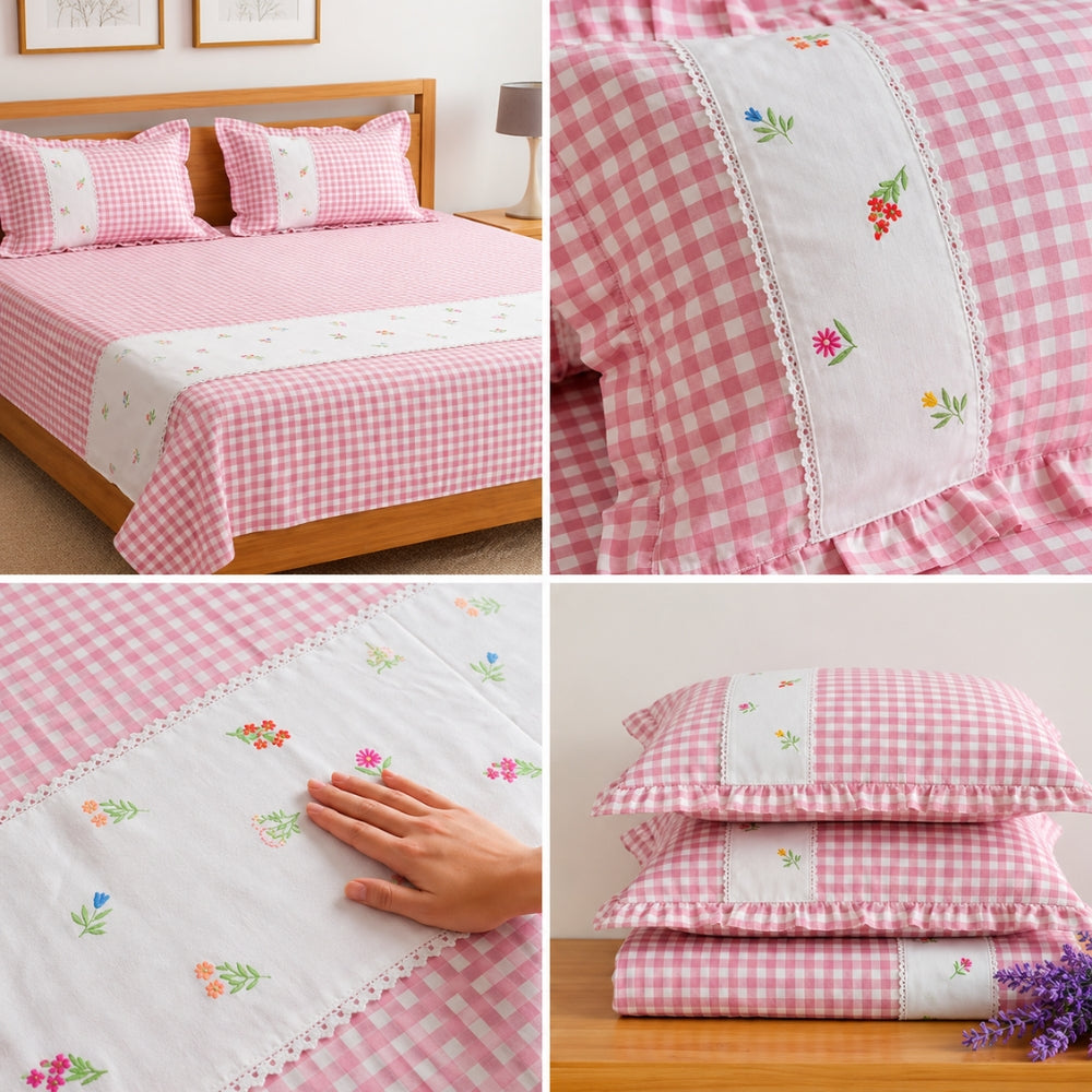 Pink Gingham Check Bedcover Set with Delicate Floral Accents