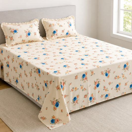 Ivory Floral Print Bedsheet Set with Elegant Lace-Trimmed Pillow Covers