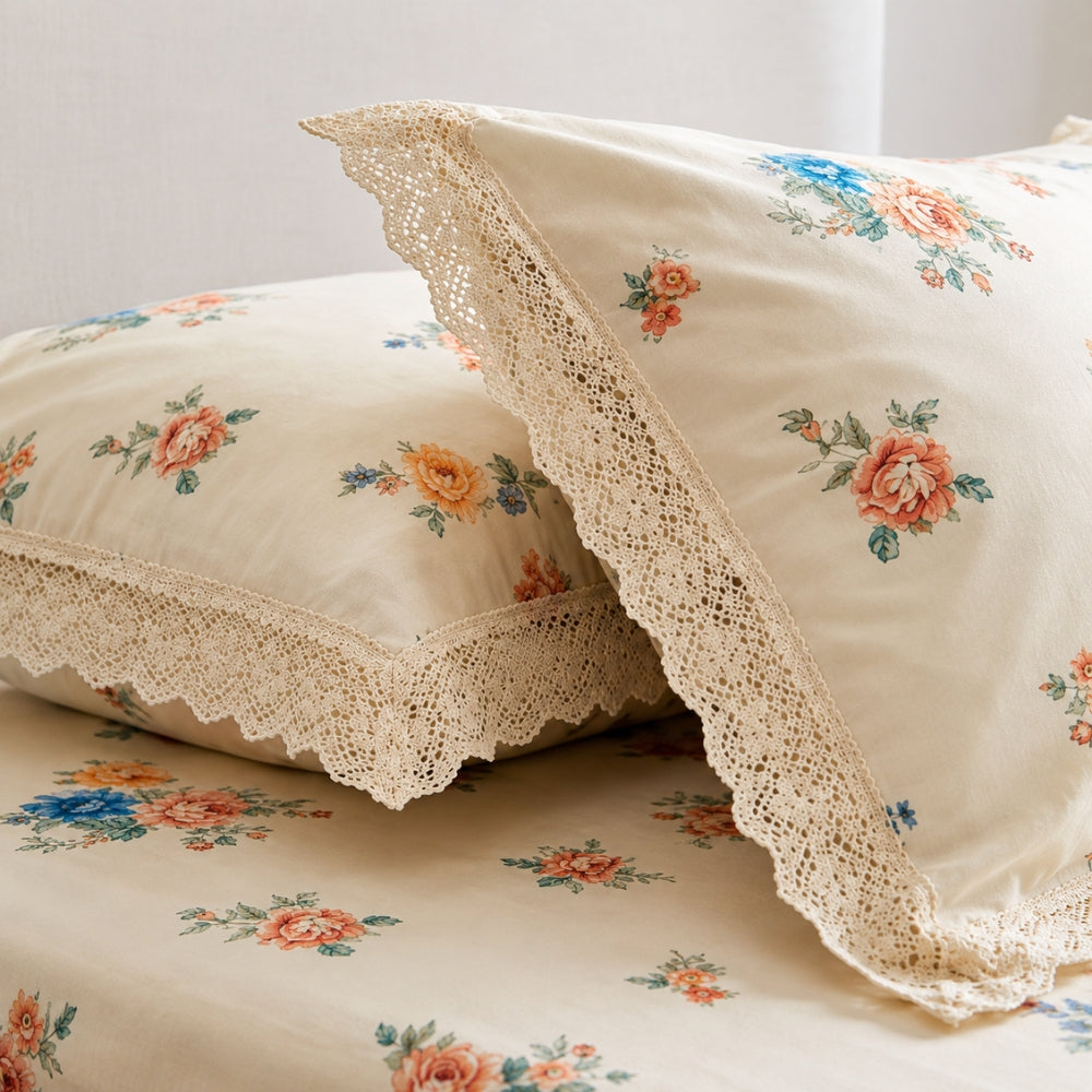 Ivory Floral Print Bedsheet Set with Elegant Lace-Trimmed Pillow Covers