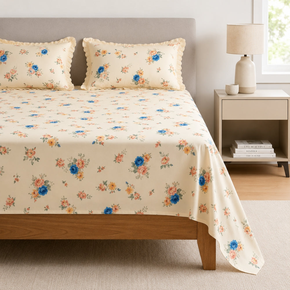 Ivory Floral Print Bedsheet Set with Elegant Lace-Trimmed Pillow Covers