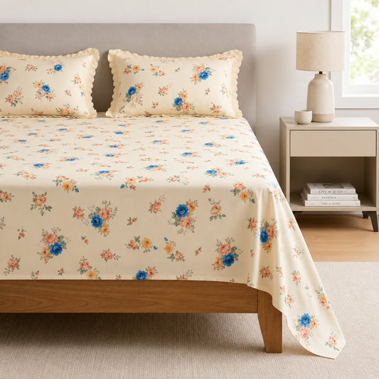 Ivory Floral Print Bedsheet Set with Elegant Lace-Trimmed Pillow Covers