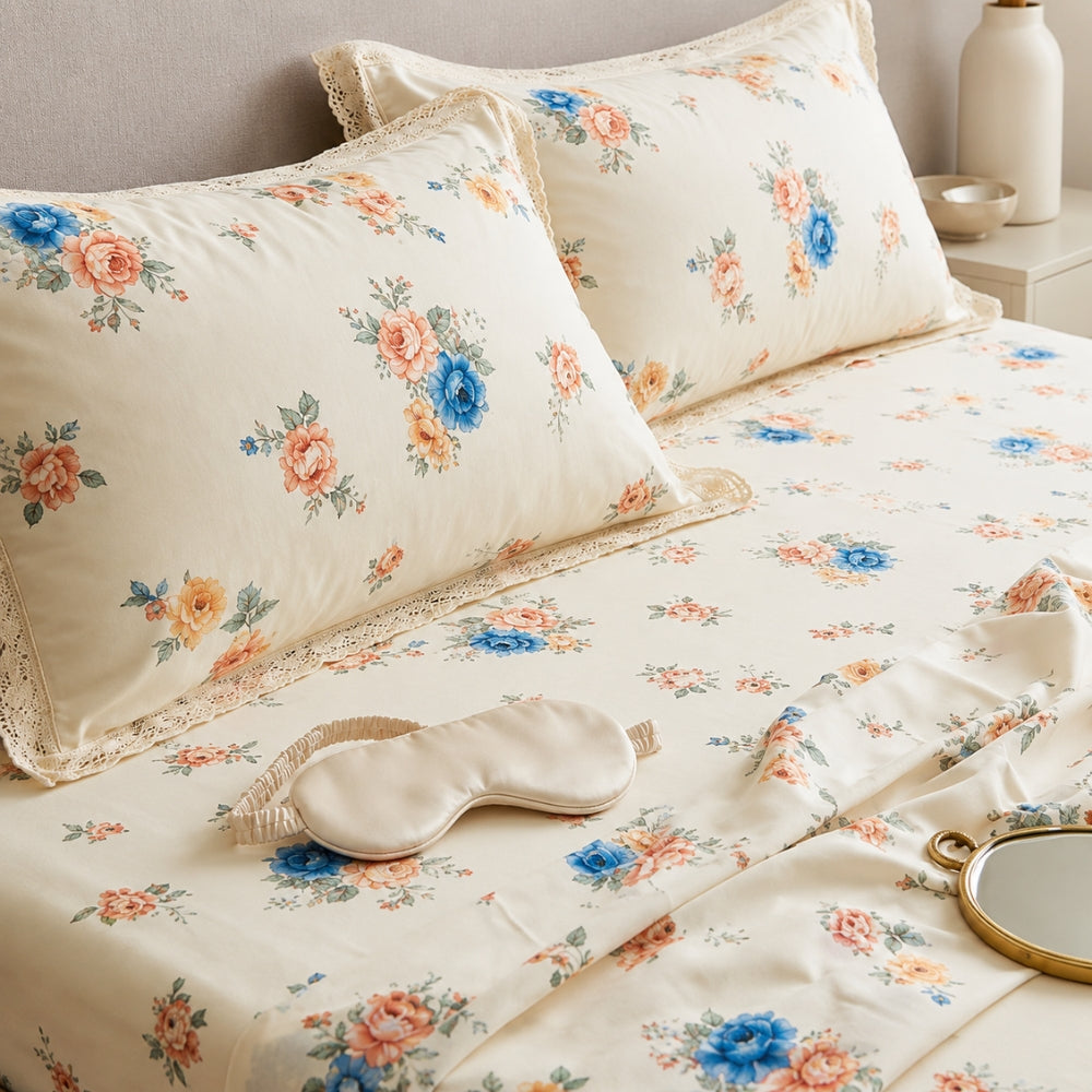 Ivory Floral Print Bedsheet Set with Elegant Lace-Trimmed Pillow Covers