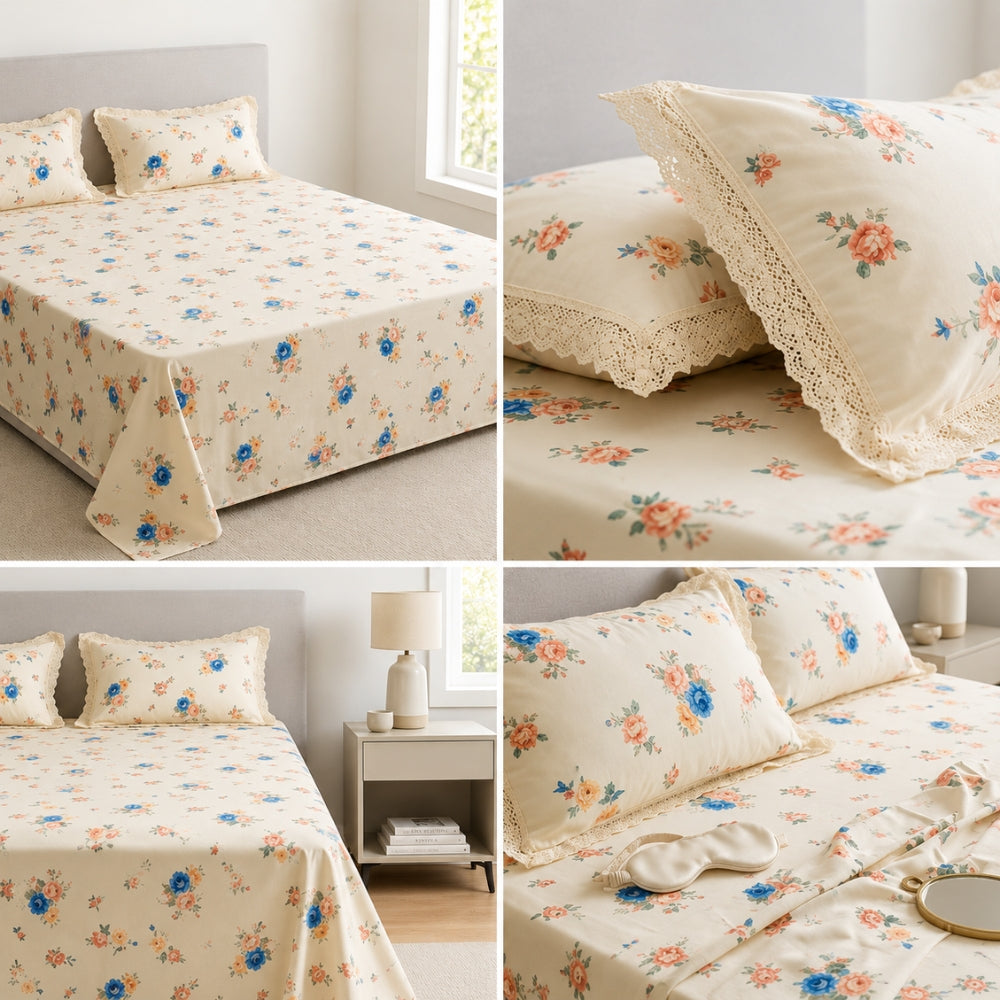 Ivory Floral Print Bedsheet Set with Elegant Lace-Trimmed Pillow Covers