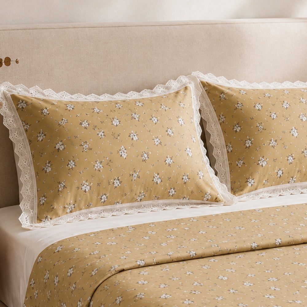 Mustard Bloom Floral Bedding Set with Lace Trim
