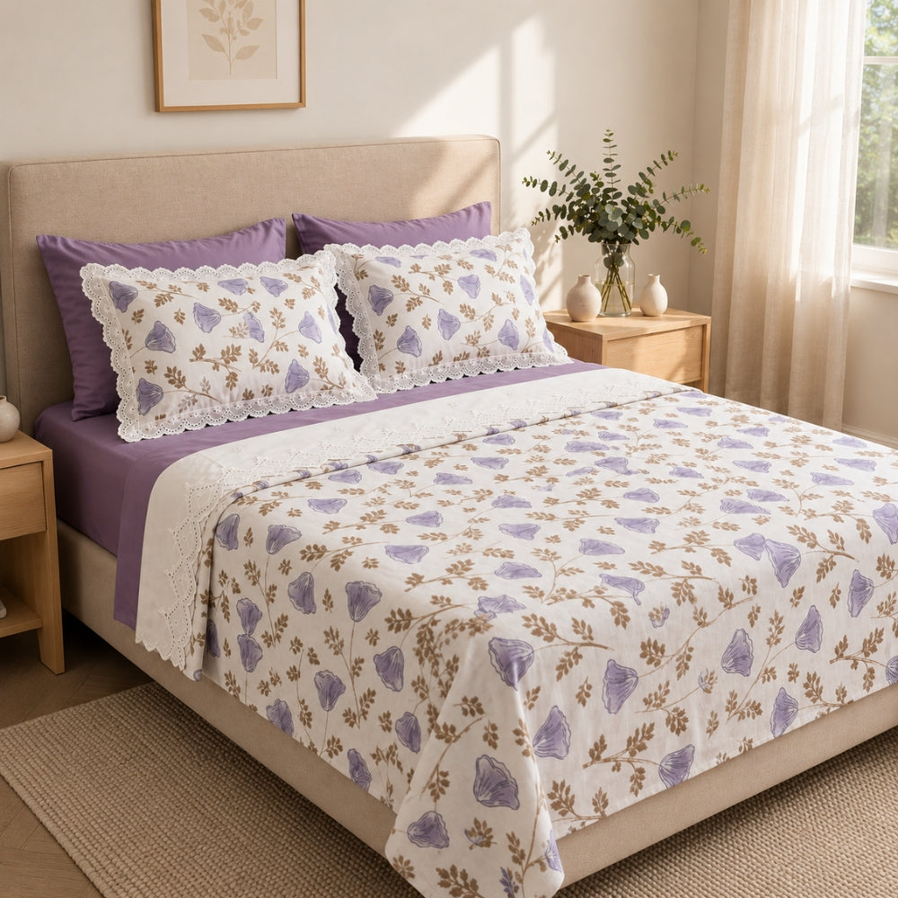 Lavender Bloom Floral King Size Bedsheet Set with Lace Detail