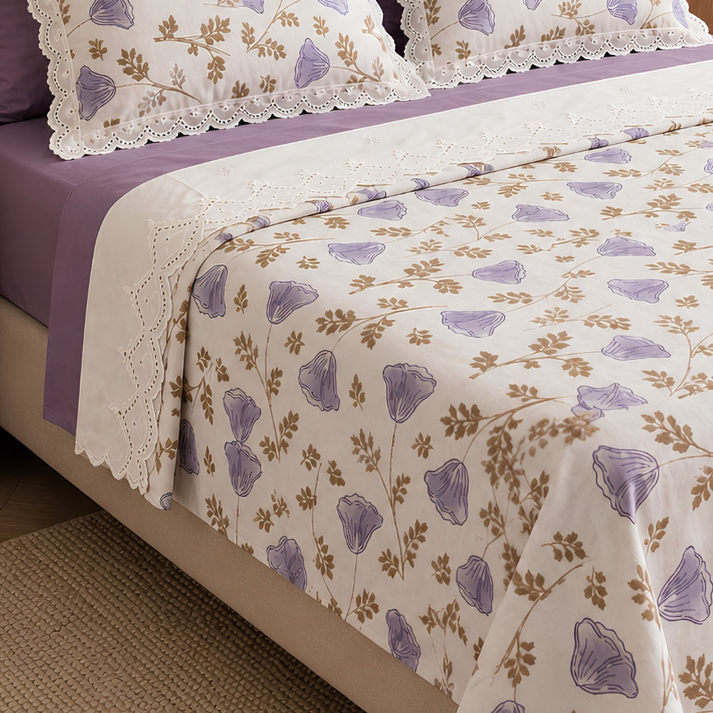 Lavender Bloom Floral King Size Bedsheet Set with Lace Detail