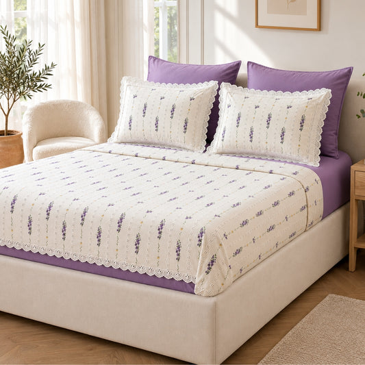 Lavender Stripe Floral King Size Bedsheet Set with Lace Detail