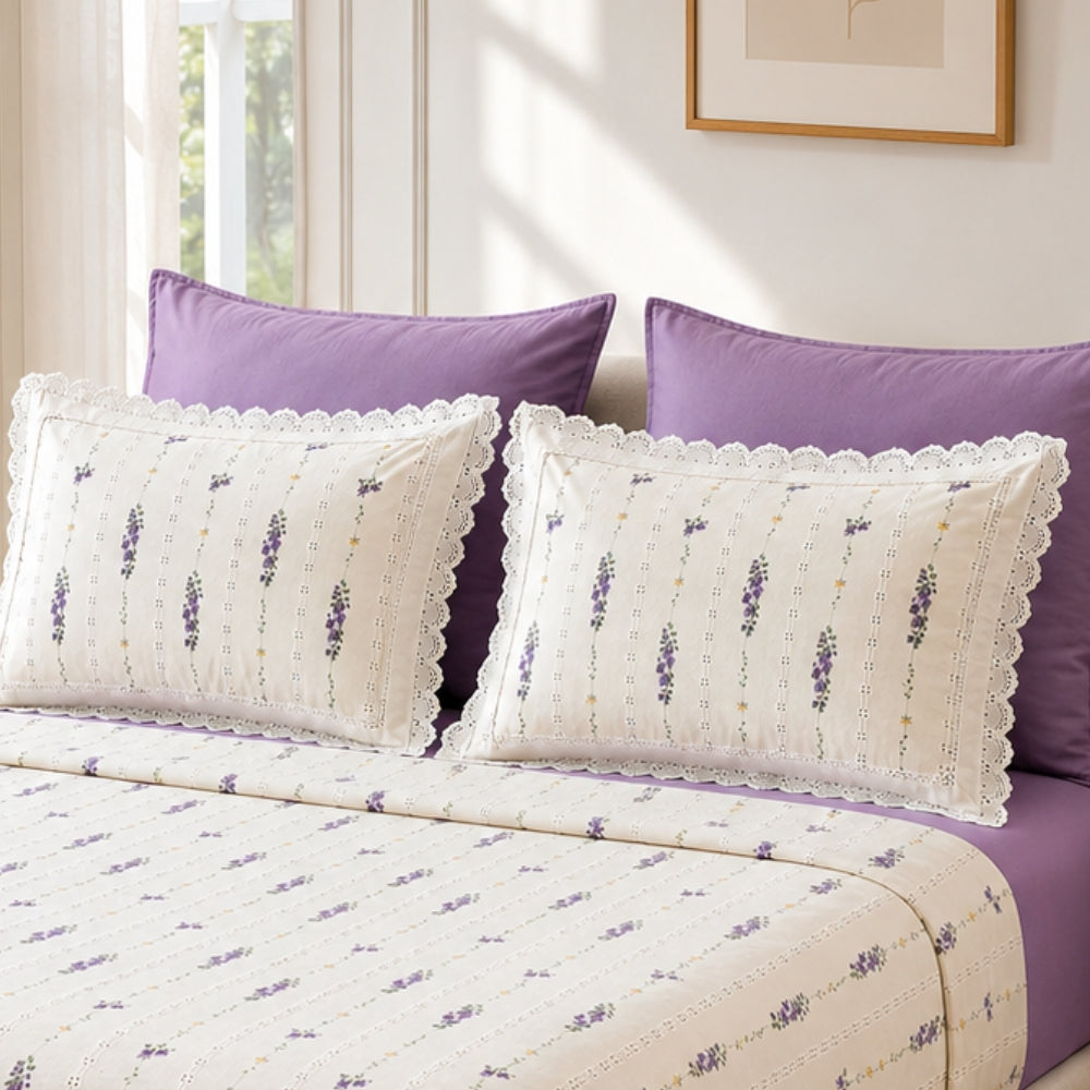Lavender Stripe Floral King Size Bedsheet Set with Lace Detail