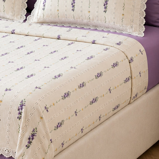 Lavender Stripe Floral King Size Bedsheet Set with Lace Detail