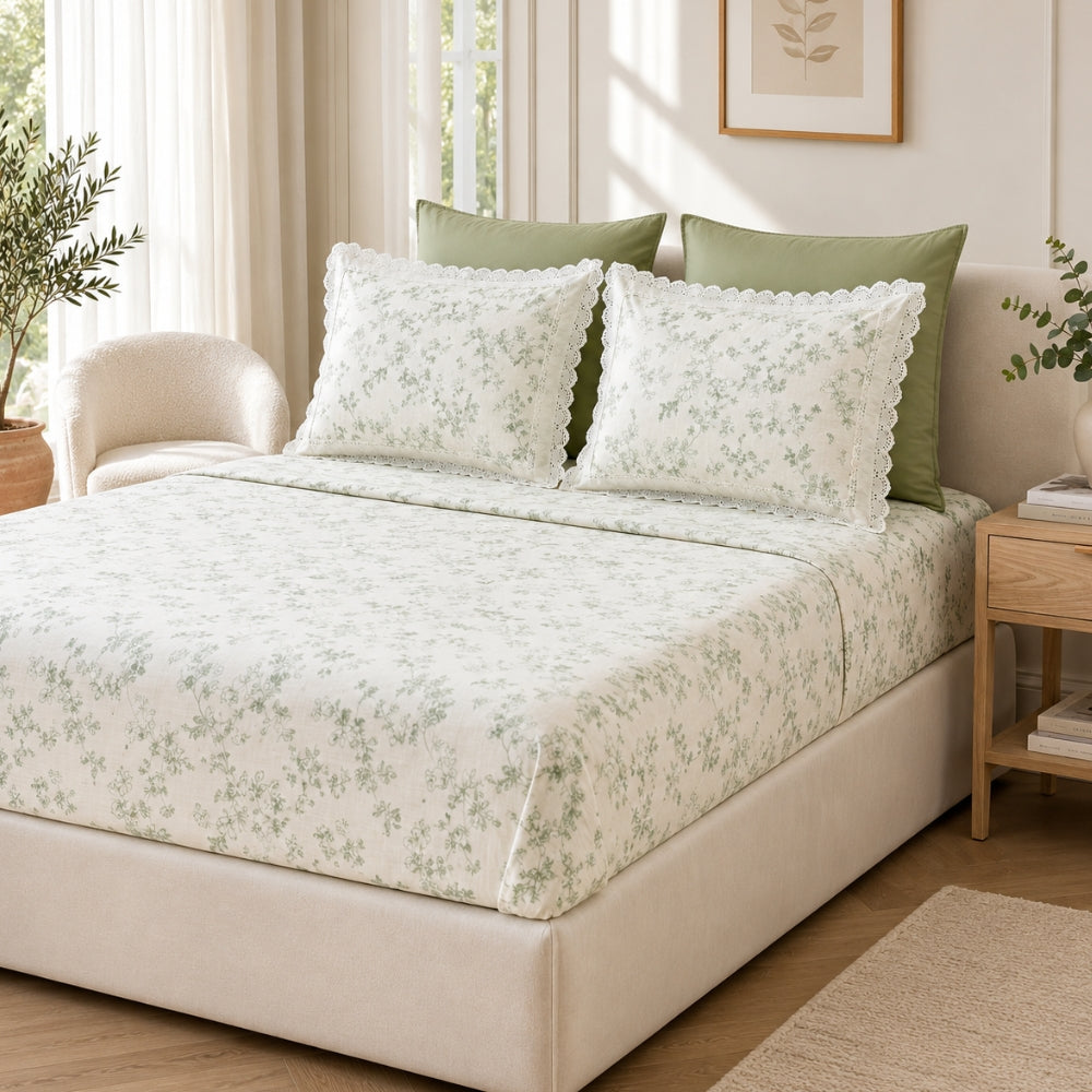 Sage Green Botanical Floral King Size Bedsheet Set with Lace Detail