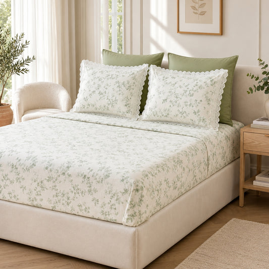 Sage Green Botanical Floral King Size Bedsheet Set with Lace Detail