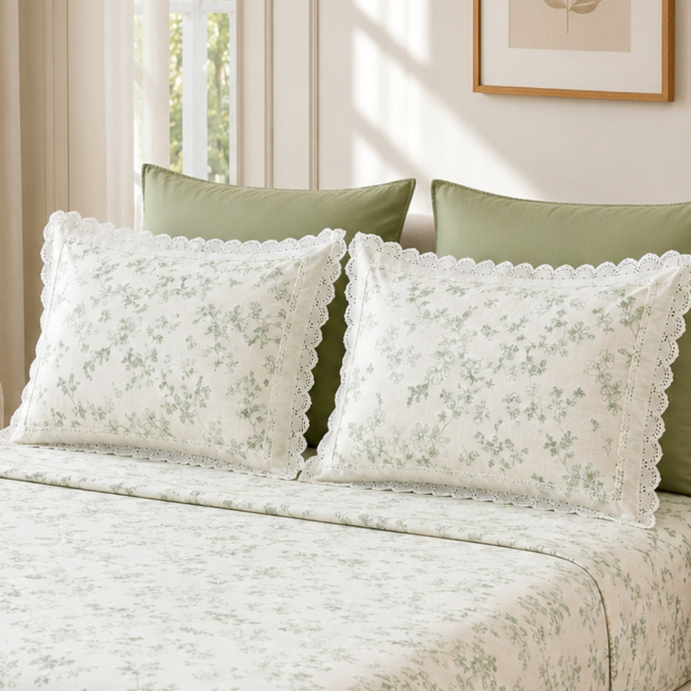 Sage Green Botanical Floral King Size Bedsheet Set with Lace Detail