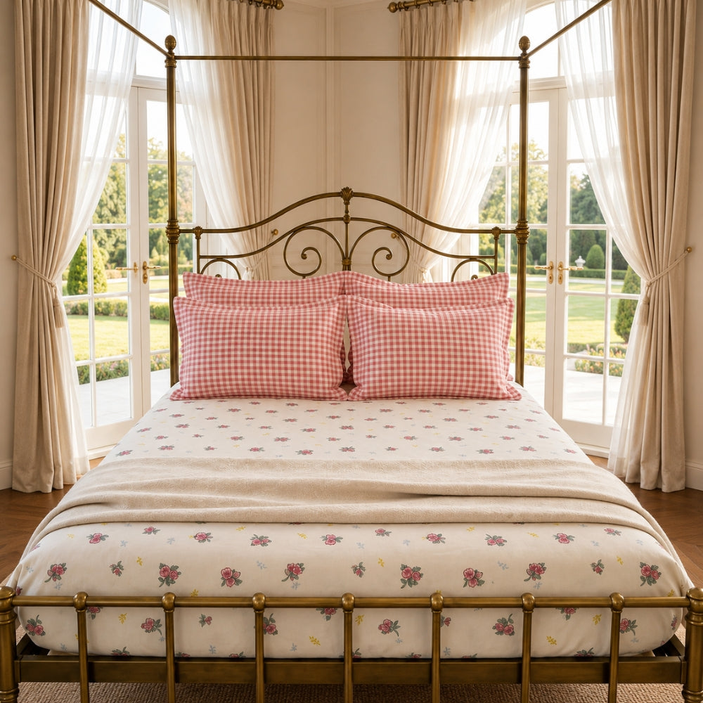 Rose Gingham Floral King Size Bedsheet Set