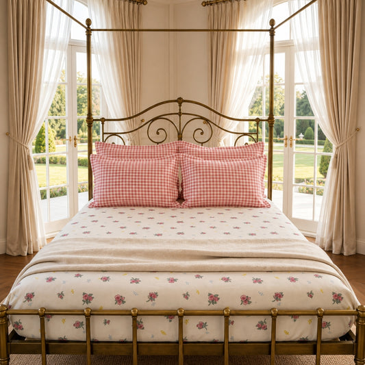 Rose Gingham Floral King Size Bedsheet Set