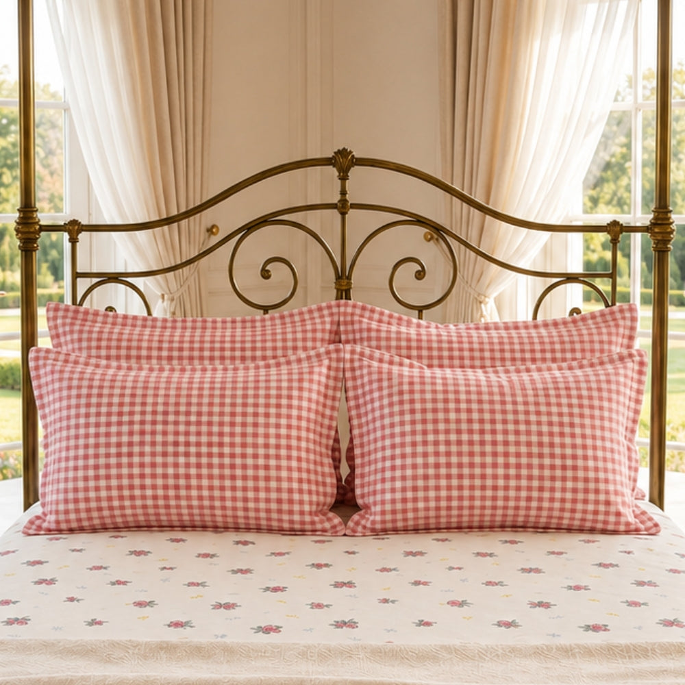 Rose Gingham Floral King Size Bedsheet Set