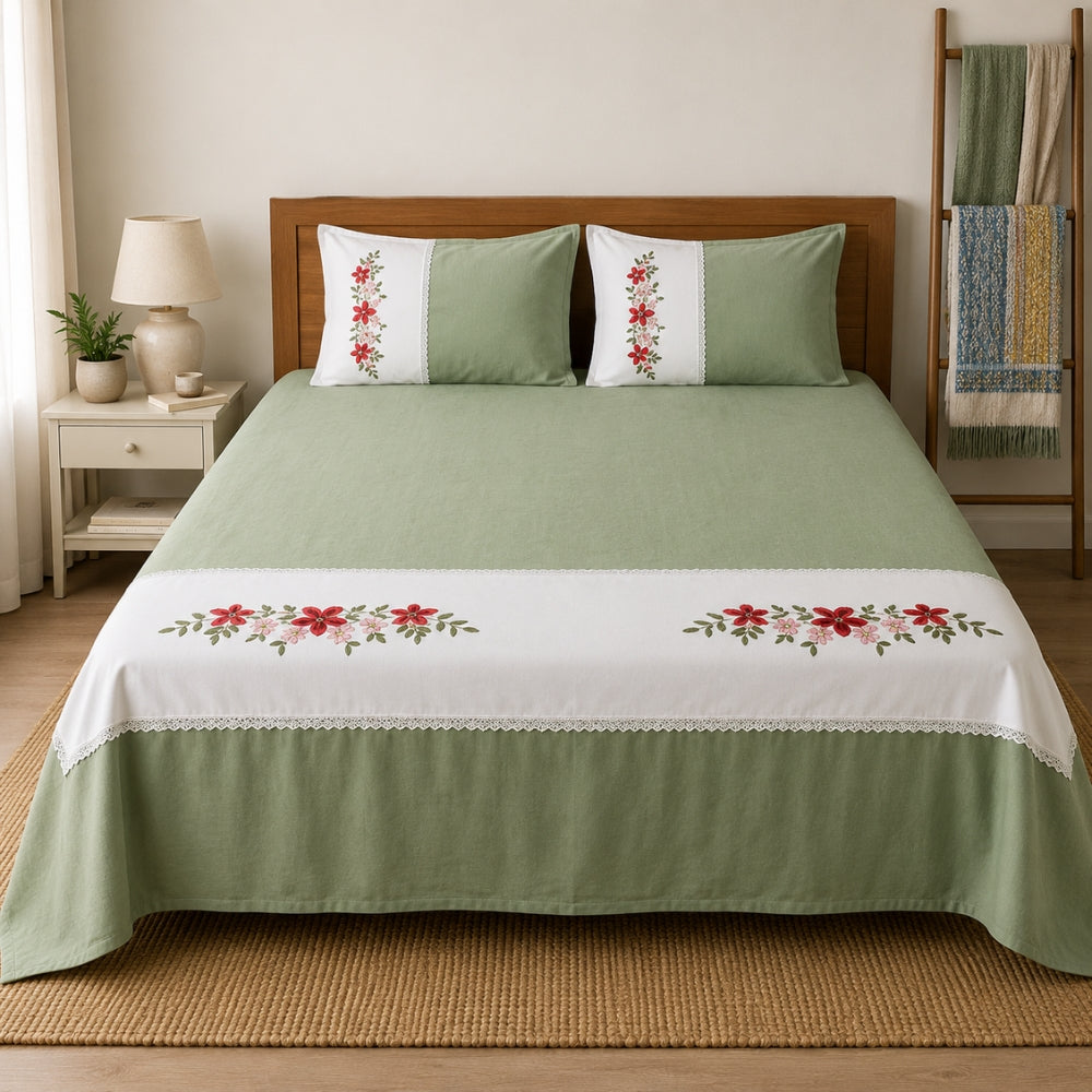 Elegant Floral Embroidered Bedsheet Set with Matching Pillow Covers