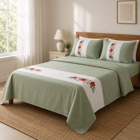 Elegant Floral Embroidered Bedsheet Set with Matching Pillow Covers